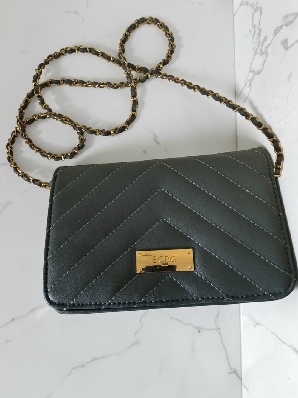 BCBG Blue/Gray Quilted Crossbody Shoulder Bag with Gold Chain